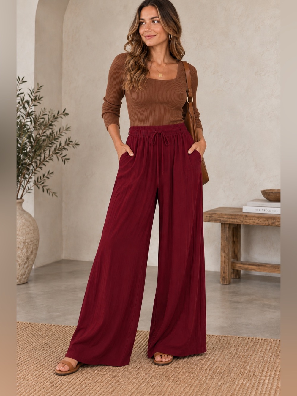 Wide-Leg Drawstring Pants in Burgundy